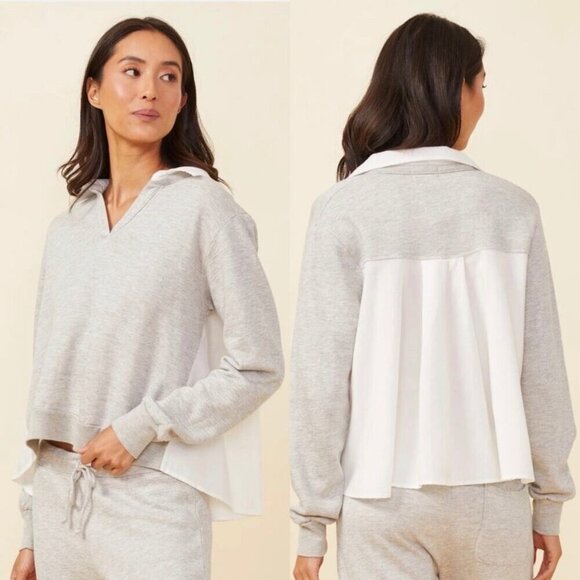 Monrow Poplin Mix Collar Sweatshirt Gray White Size Medium - Picture 2 of 9